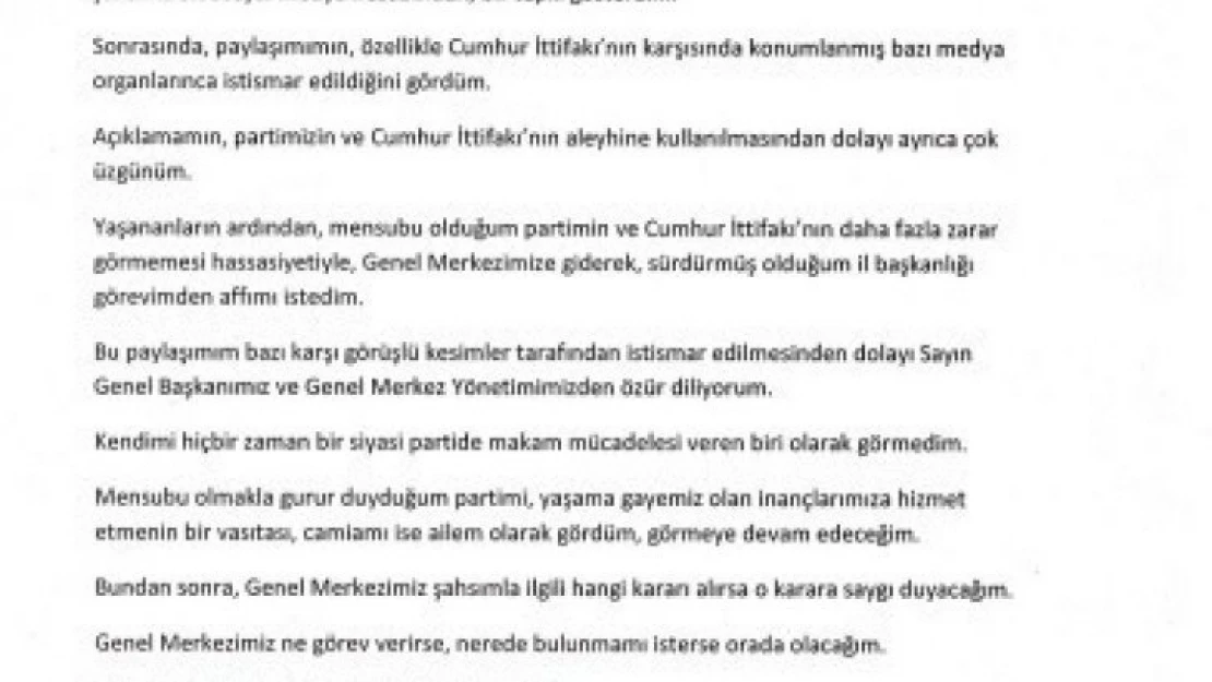 BBP Kocaeli İl Başkanı Remzi Kaya, görevden affını istedi