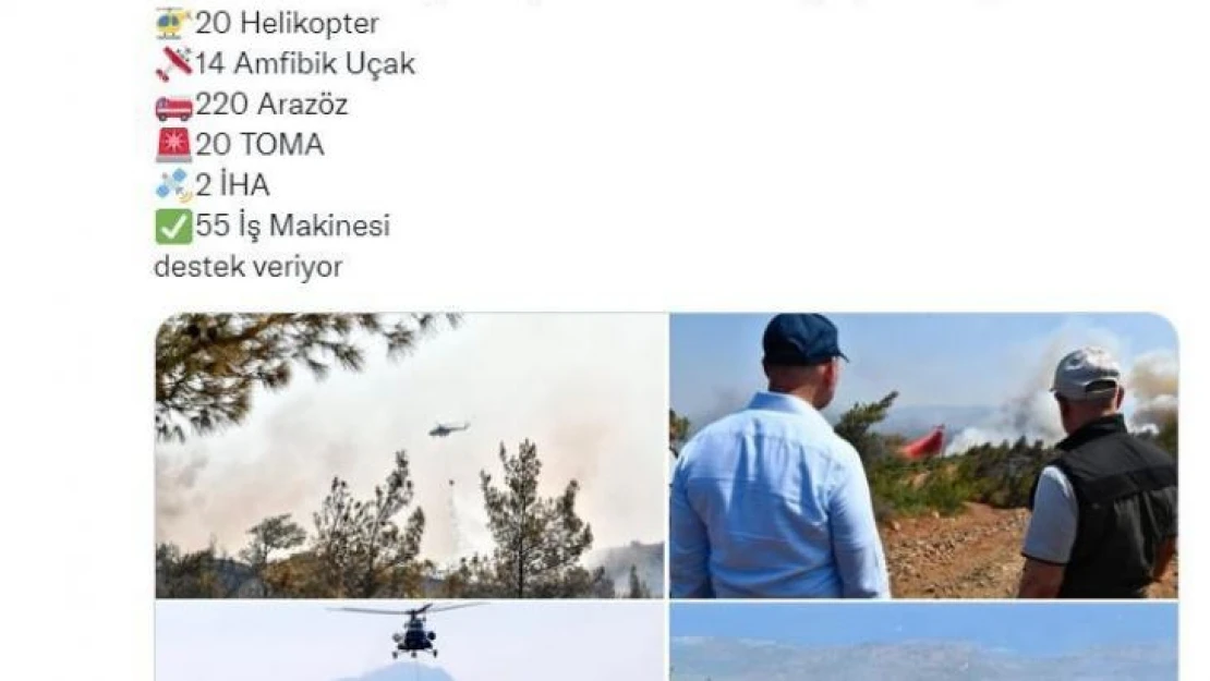 İçişleri Bakanlığı: 'Marmaris'teki yangına 20 helikopter, 14 amfibik uçak, 220 arazöz ve 2 İHA destek veriyor'