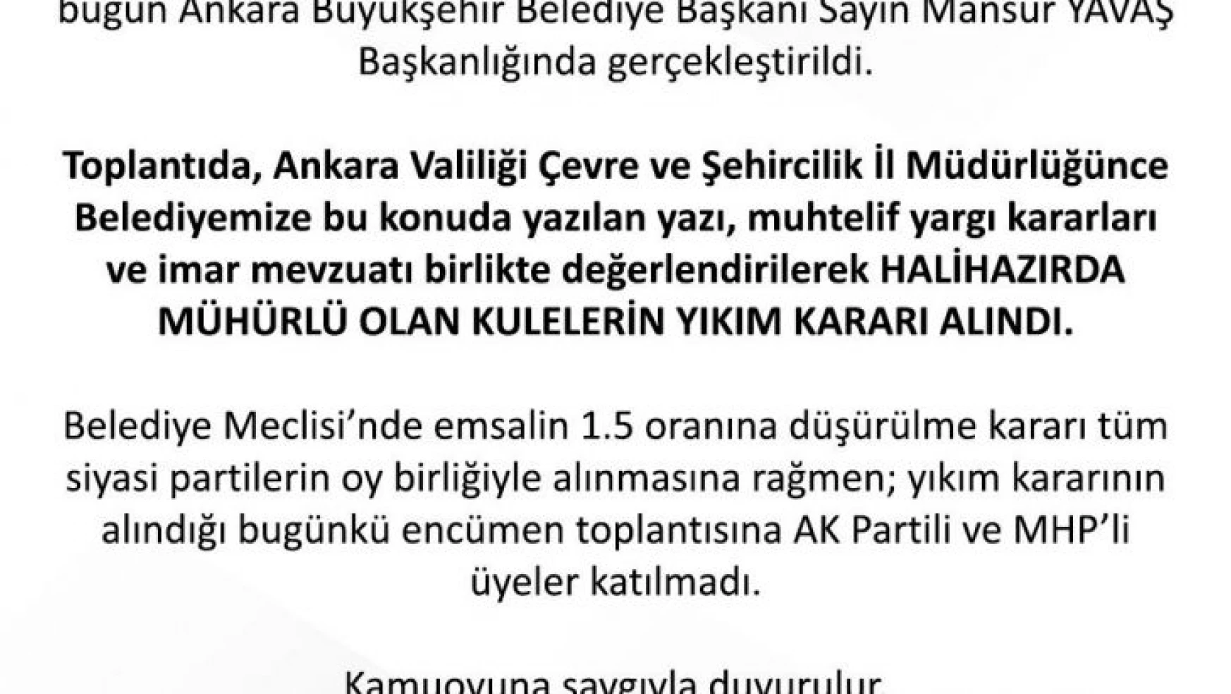Ankara Büyükşehir Belediyesi, TOGO Kuleleri için yıkım kararı alındığını duyurdu