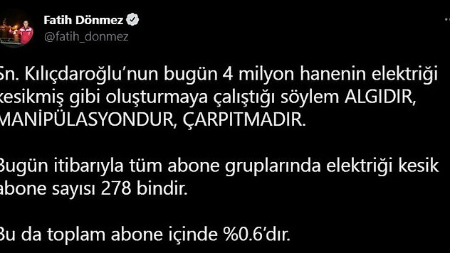 Dönmez, Kılıçdaroğlu'nu yalanladı: 'Elektriği kesik abone sayısı 278 bin'