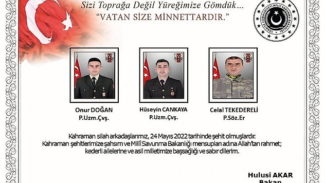 Milli Savunma Bakanı Akar'dan şehitler için taziye mesajı