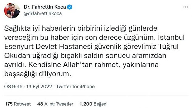 Sağlık Bakanı Koca'dan hayatını kaybeden güvenlik görevlisiyle ilgili paylaşım