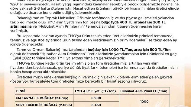 TMO hububat alım fiyatları güncellendi