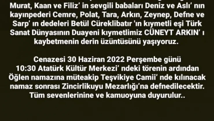 Cüneyt Arkın'ın ailesinden sosyal medya üzerinden açıklama