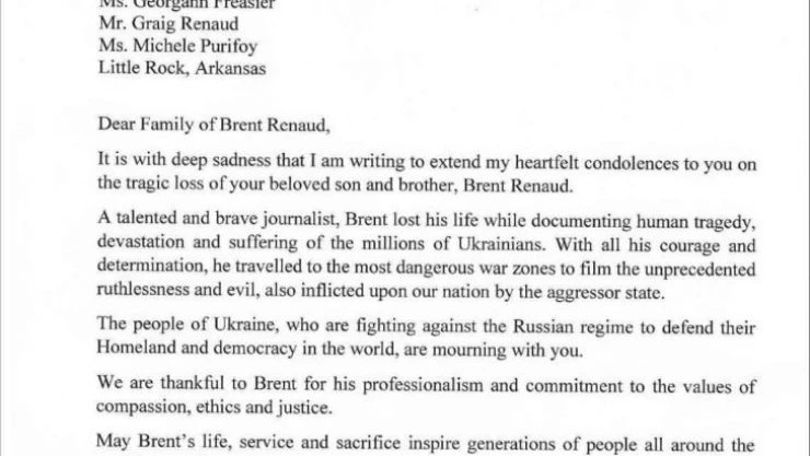 Zelensky, öldürülen ABD'li gazeteci Brent Renaud'un ailesine mektup yazdı